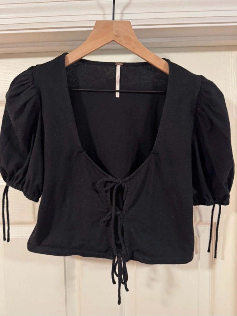 Free People Black Puff Sleeve Drawstring Crop Top